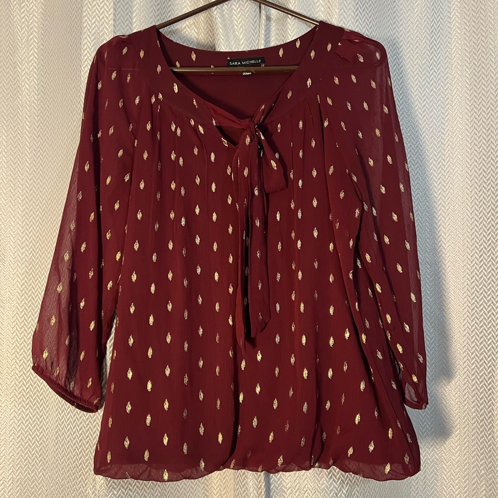 Sara Michelle Burgundy Blouse with Gold Pattern